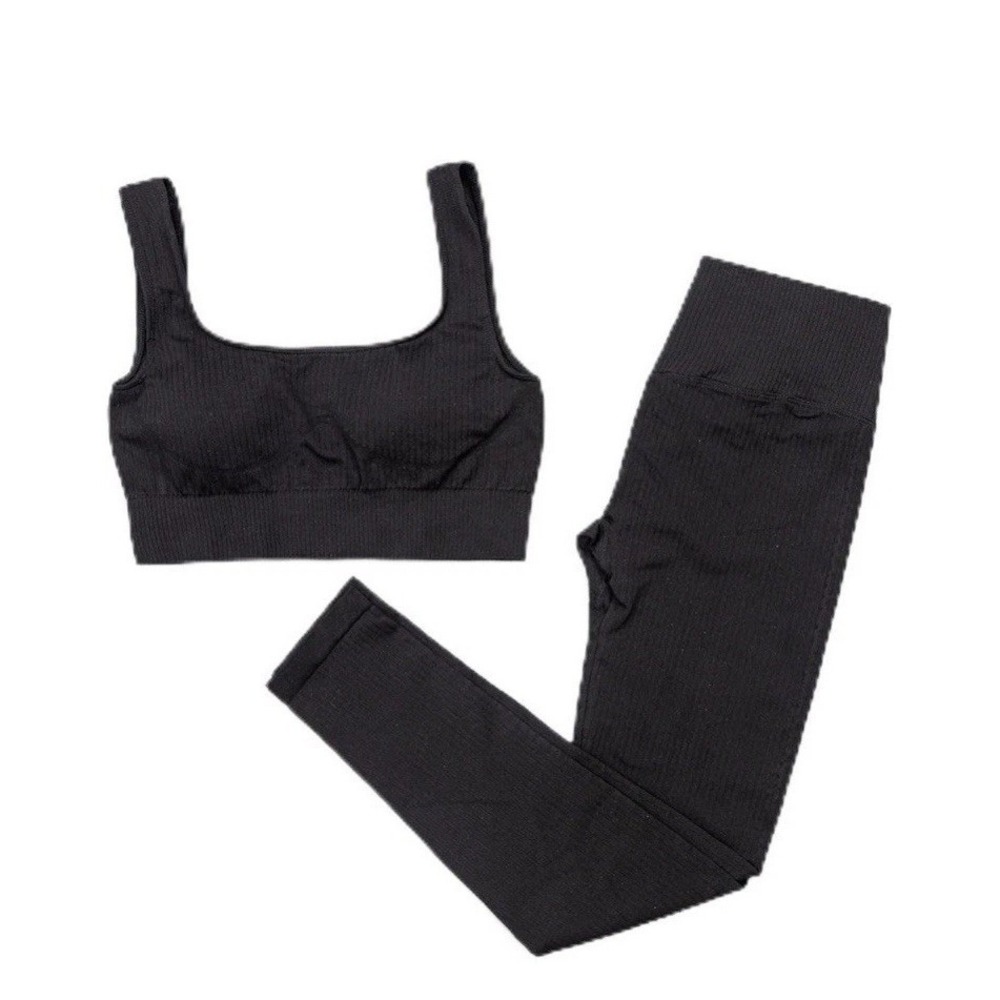 Unbranded Yoga Workout Set Women M Black New Ribbed High Waist Leggings Top C163